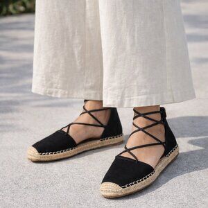 Eileen Fisher Black Suede Espadrille Flats Ankle Wrap Zip Women 8.5